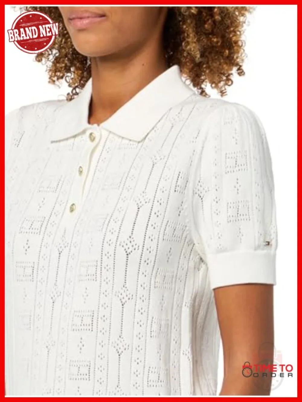 Short Sleeve Cotton Polo Sweater Pointelle Knit Cropped with Puff Sleeve